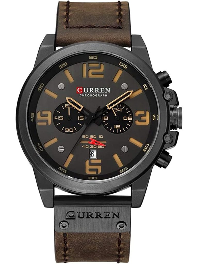Mens Black And Coffee Analog Leather Strap Sandwich Dial Chronograph Wrist Watch